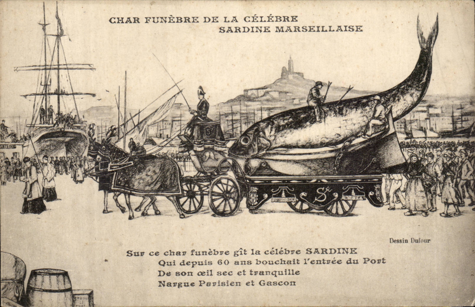 Char funèbre de la célèbre sardine marseillaise — Dessin Dufour