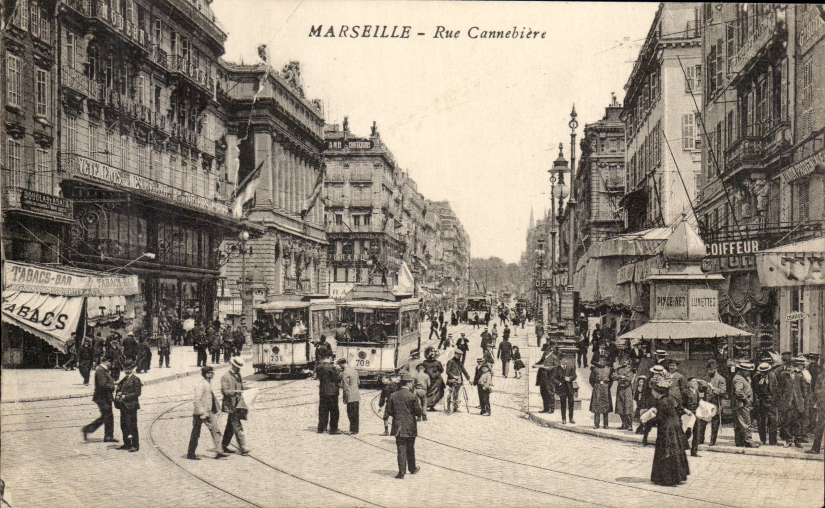 Marseille - Rue Cannebière — vue animée avec tramway n°708 — éditeur Pinçot & Cie
