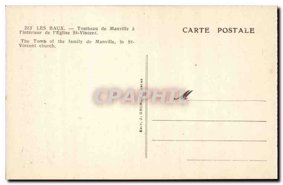 Les Baux — Tombeau de la famille Manville à l'église Saint-Vincent — Éditeur J. Georges-Carles, n° 213 — Verso