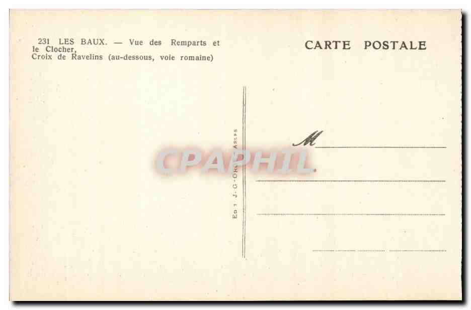 Les Baux — Vue des Remparts et le Clocher, Croix de Ravelins (au-dessous, voie romaine) — Verso