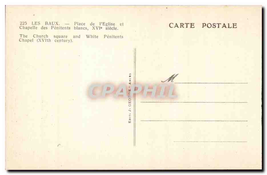 Les Baux — Place de l'Église et Chapelle des Pénitents blancs — J. GEOFFRE, n°225 — Verso