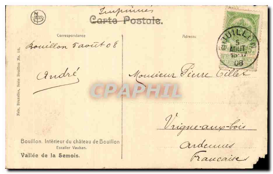 Bouillon — Intérieur du château de Bouillon — Escalier Vauban — Nels, Bruxelles, Série Bouillon N° 19 — Verso