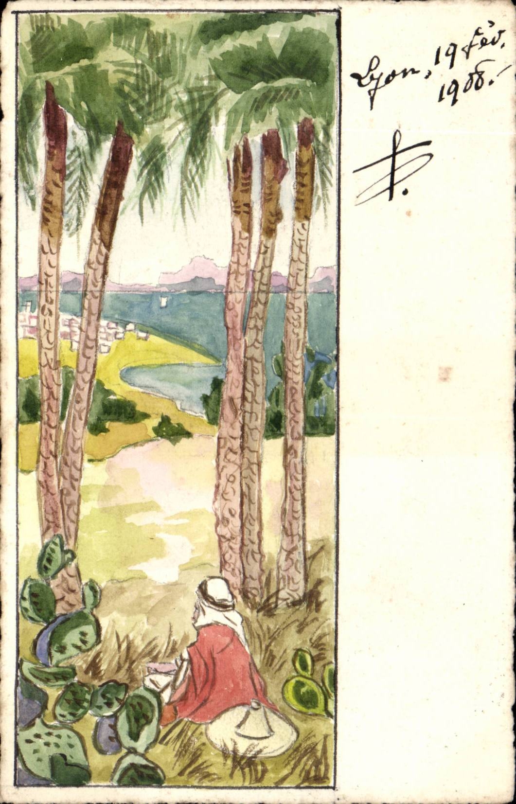 Lyon - 19 fev 1908 - Oasis - palmiers -- CPA 