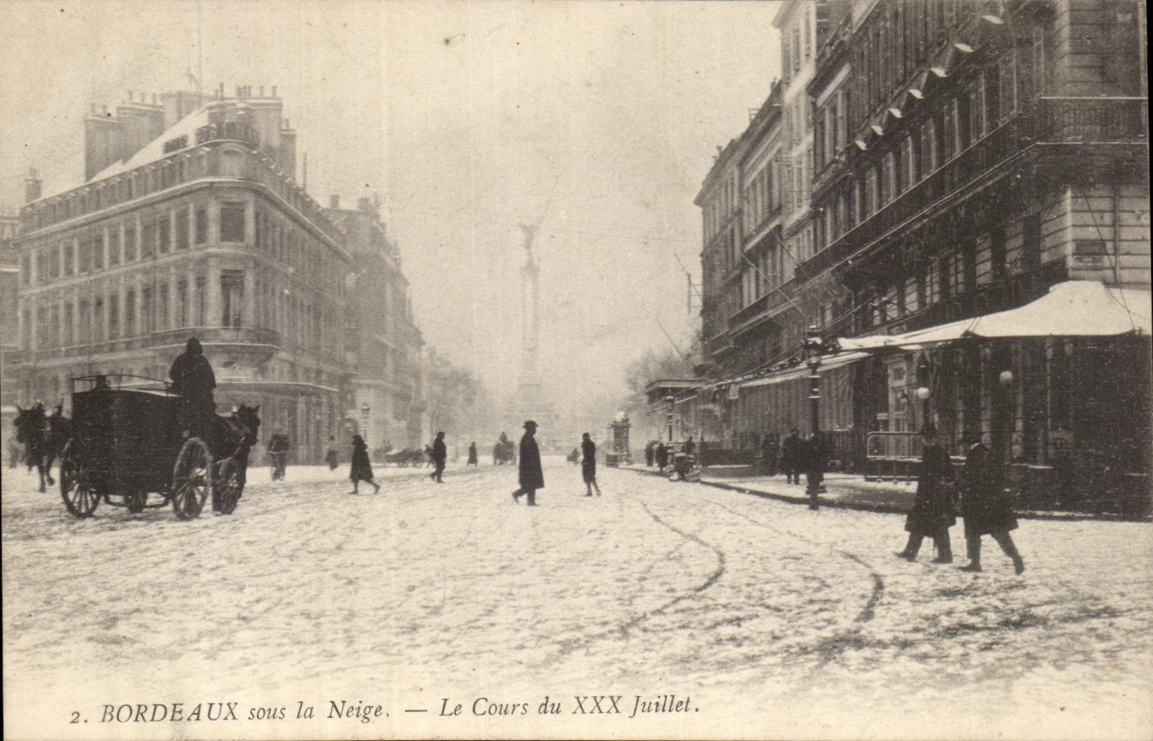 Bordeaux - sous la Neige Le Cours du XXX Juillet - cheval - breathtaking winter scene - CPA 