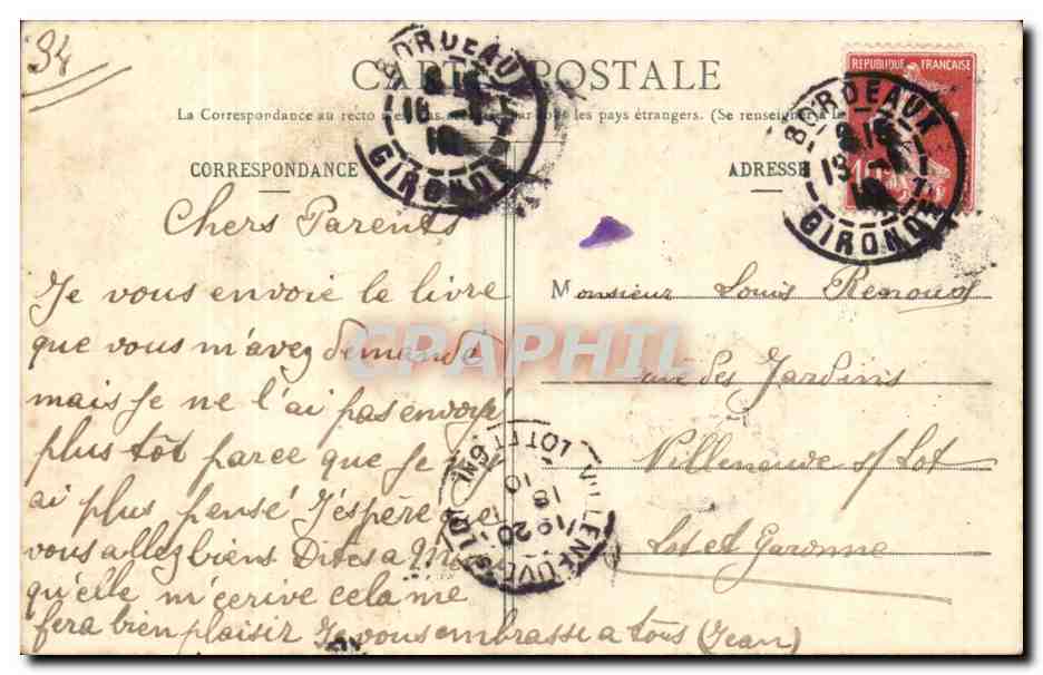 Bordeaux - Le Cours de l'Infendance - Servan - tramway horse drawn carriage - CPA  — Verso