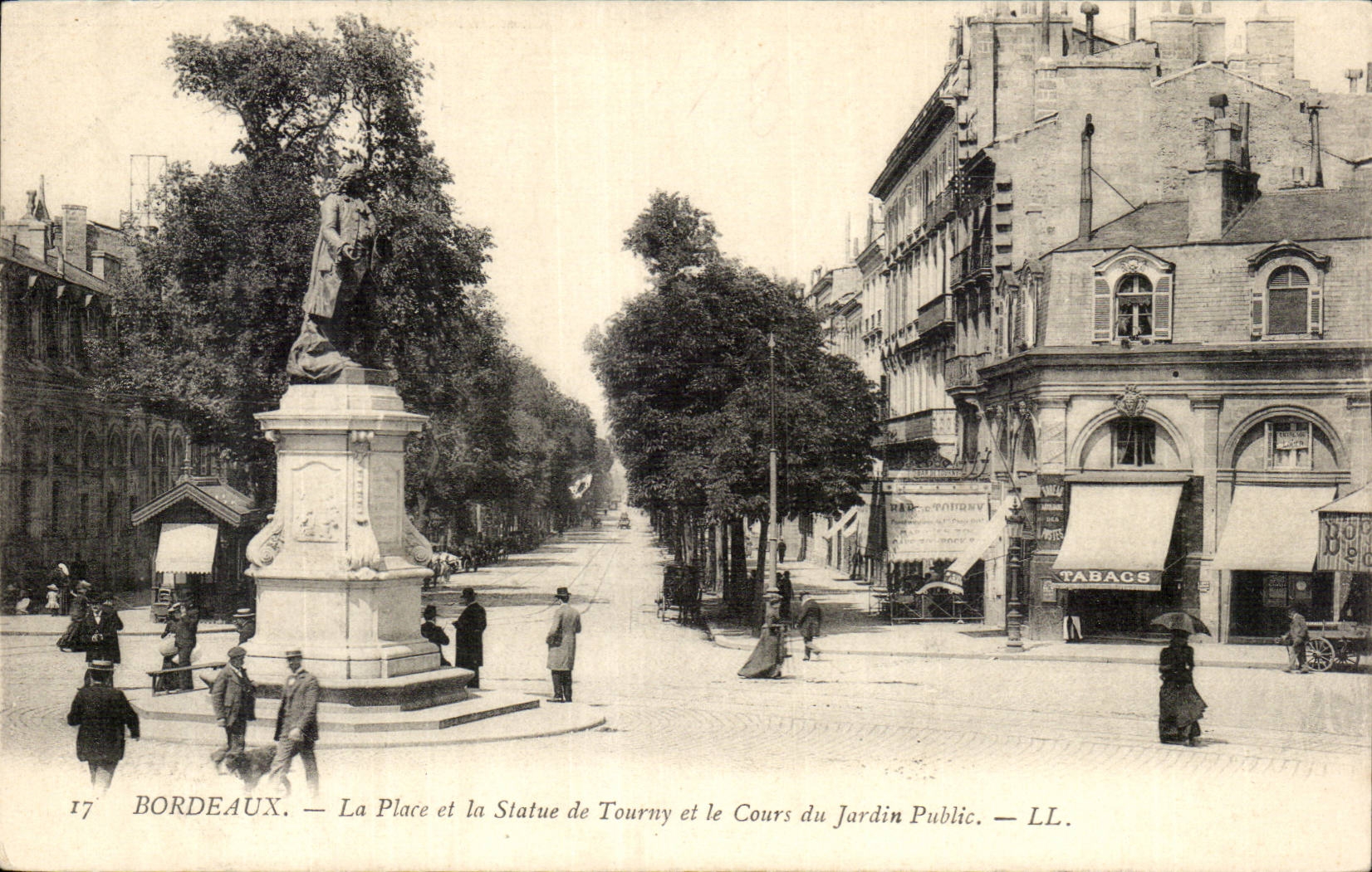 Bordeaux - La Place et Statue de Tourny et le Cours du Jardin Public - Tabac - Parasol - tree lined street - CPA 