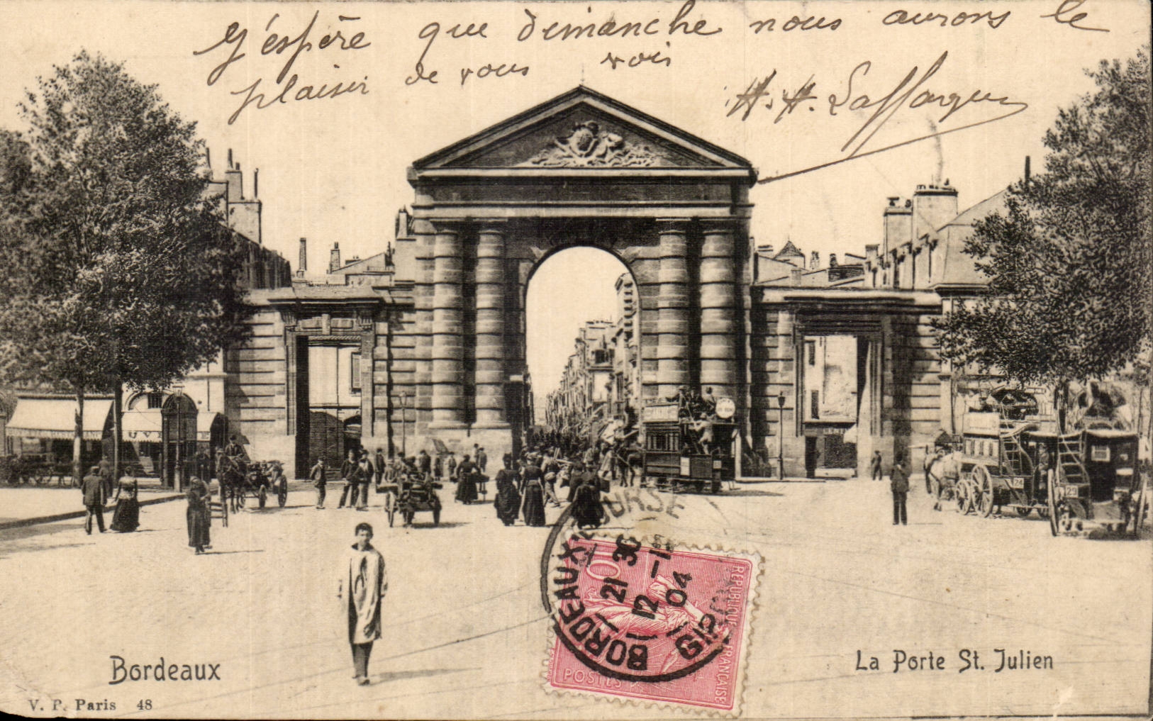 Bordeaux - Porte St Julien - posed girl in foreground carriages on right - CPA 