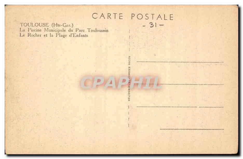 Toulouse (Hte-Gar.) — La Piscine Municipale du Parc Toulousain — Le Rocher et la Plage d'Enfants — Hellogravure Combier Macon -31- — Reverso