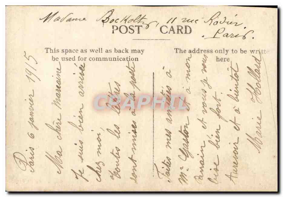 CARTE PHOTO Femme Mademe Bockholtz 11 rue Rodier Paris (9eme) — Verso