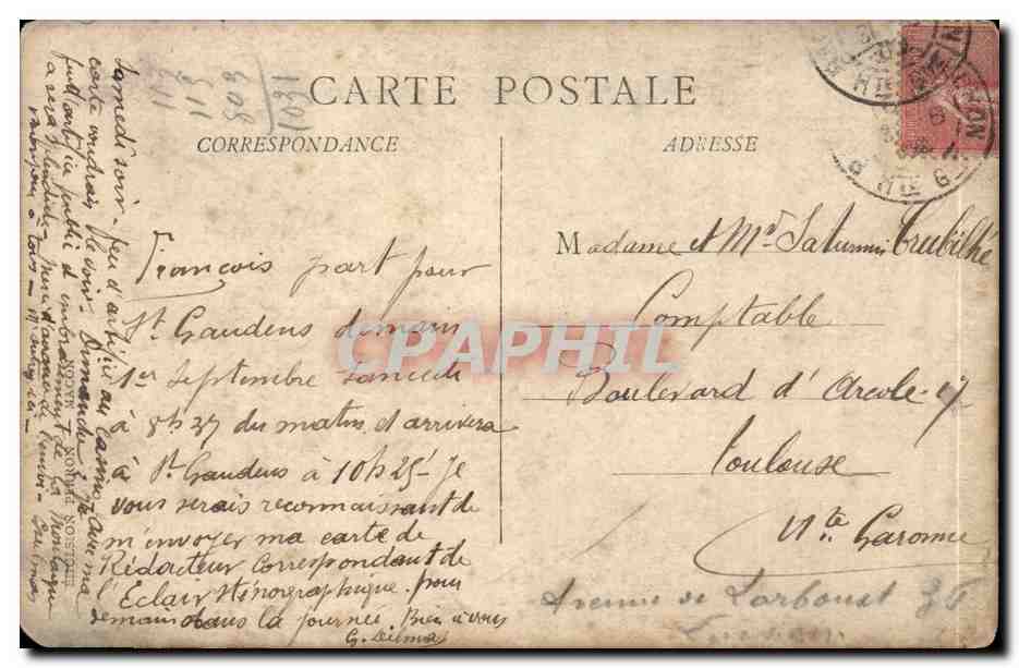 CARTE PHOTO Jeunes hommes Un reveil (St Gaudens famille CRubilhe Toulouse bd d'Arcole) — Verso