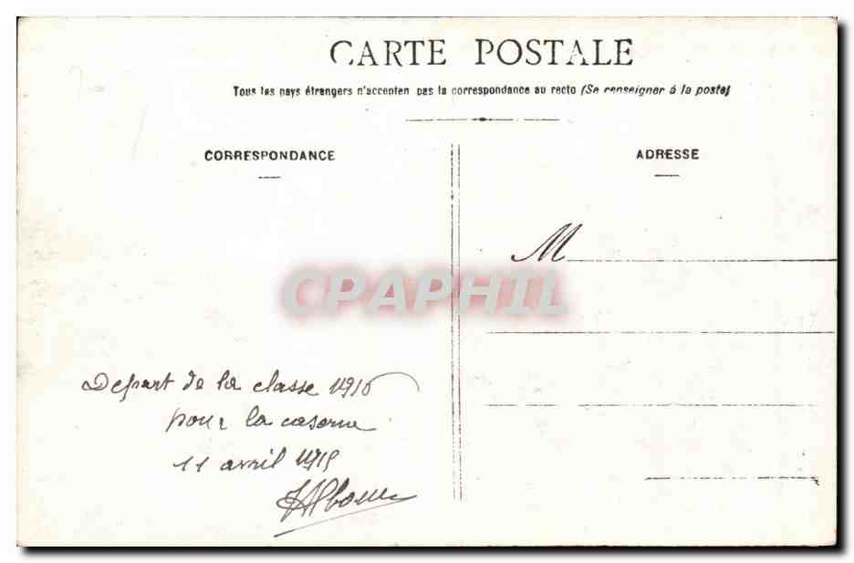 Départ de la classe 1916 — pour la caserne — 11 avril 1918 — H. P. Boule — Verso