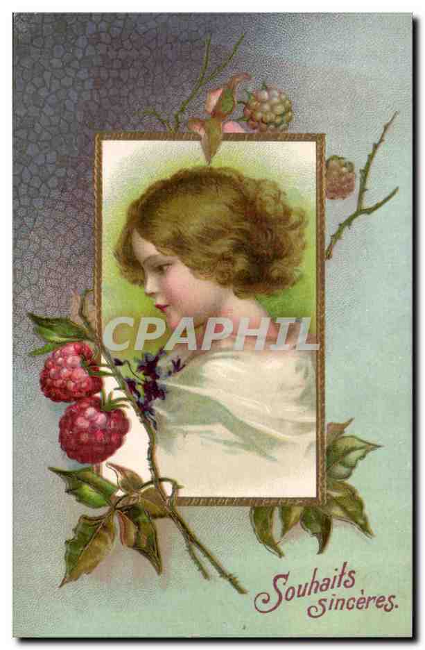 fantaisie - Enfant - Douce file et framboises - Souhaits Sinceres - child with wavy hair- CPA - CPA 