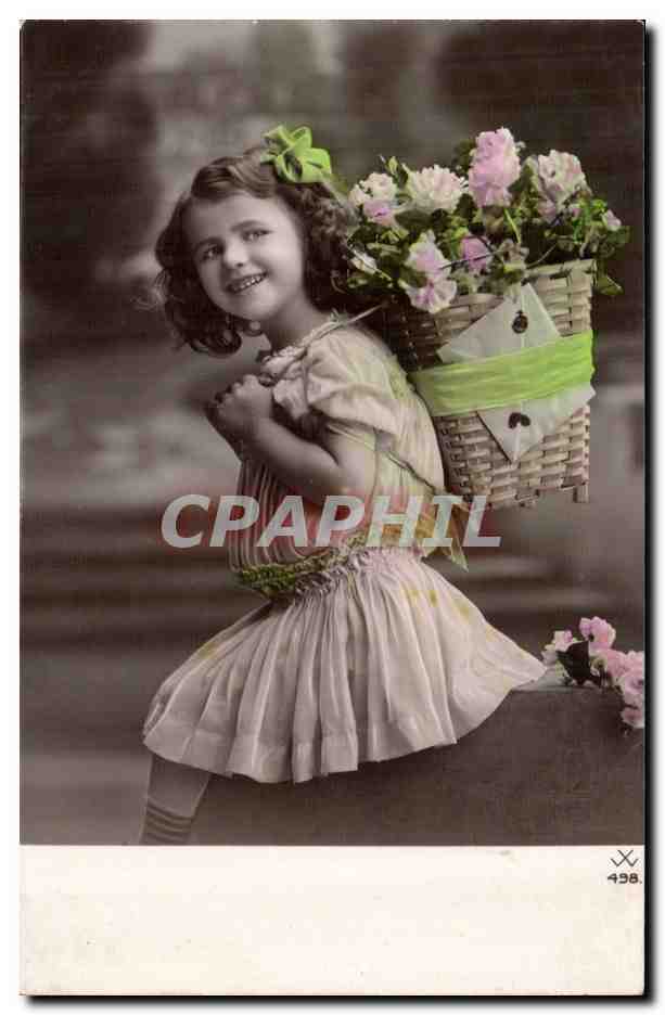 Fantaisie - Enfant - darling Child with bow in curly hair - backpack of flowers - Imodak - CPA 