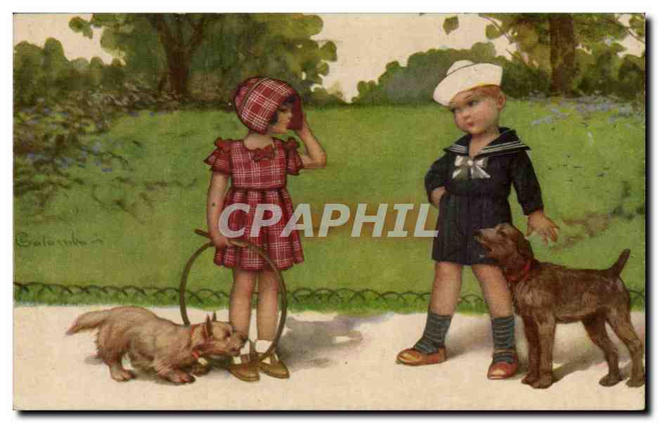 Fantaisie - Enfant - Deux Enfants et leur Chiens - dog - puppy - CPA 
