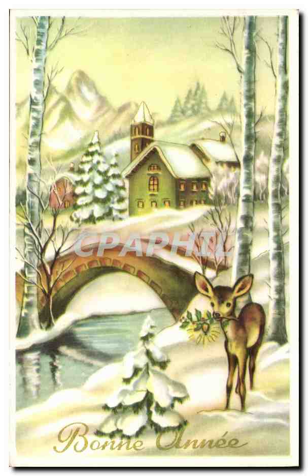 Fantaisie - Fete - Bonne Annee - Sous Neige - biche - deer - CPA 
