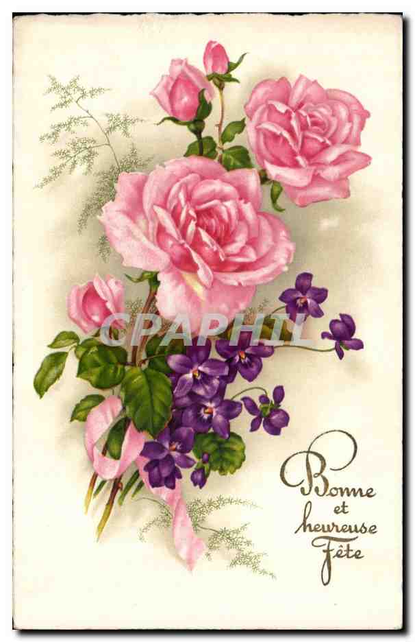 Fantaisie - Bonne et Heureuse Fete - Leurs - Rose - Flower - CPA 