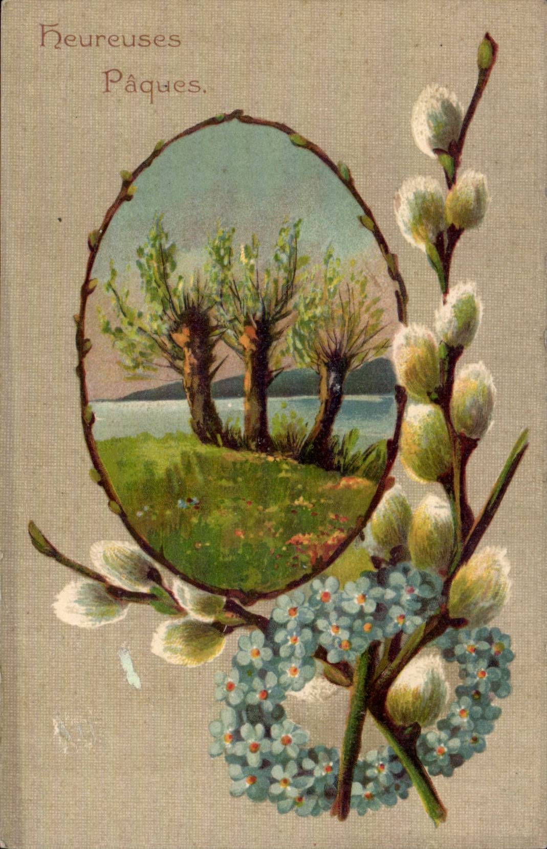 Fantaisie - Fete - Paques - arbres - pussywilow - CPA 