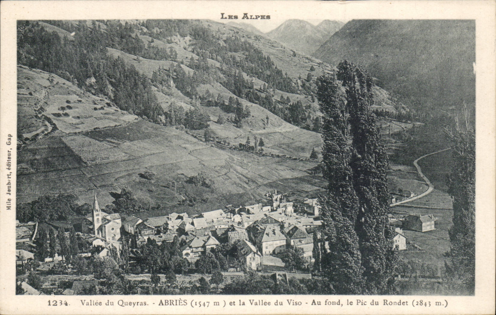 Vallée du Queyras - Abriès (1547 m) et la Vallée du Viso - Au fond, le Pic du Rondet (2843 m) — Mile Jambert, éditeur, Gap, n° 1234