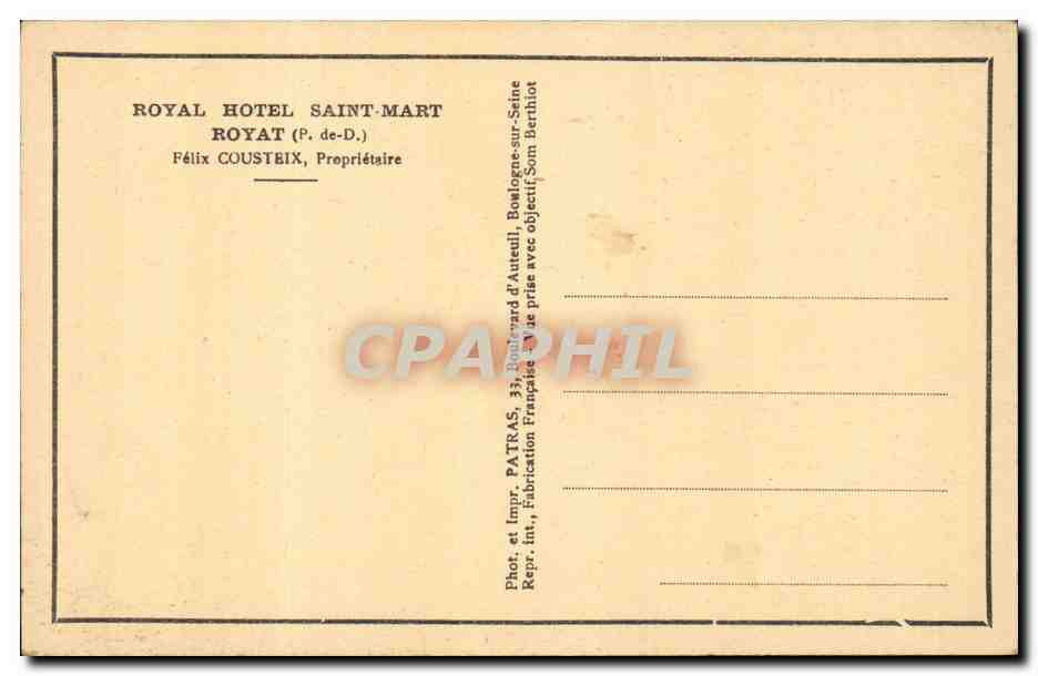 Royat - Hotel St Mart - Felix Cousteix proprietaire - CPA  — Rückseite
