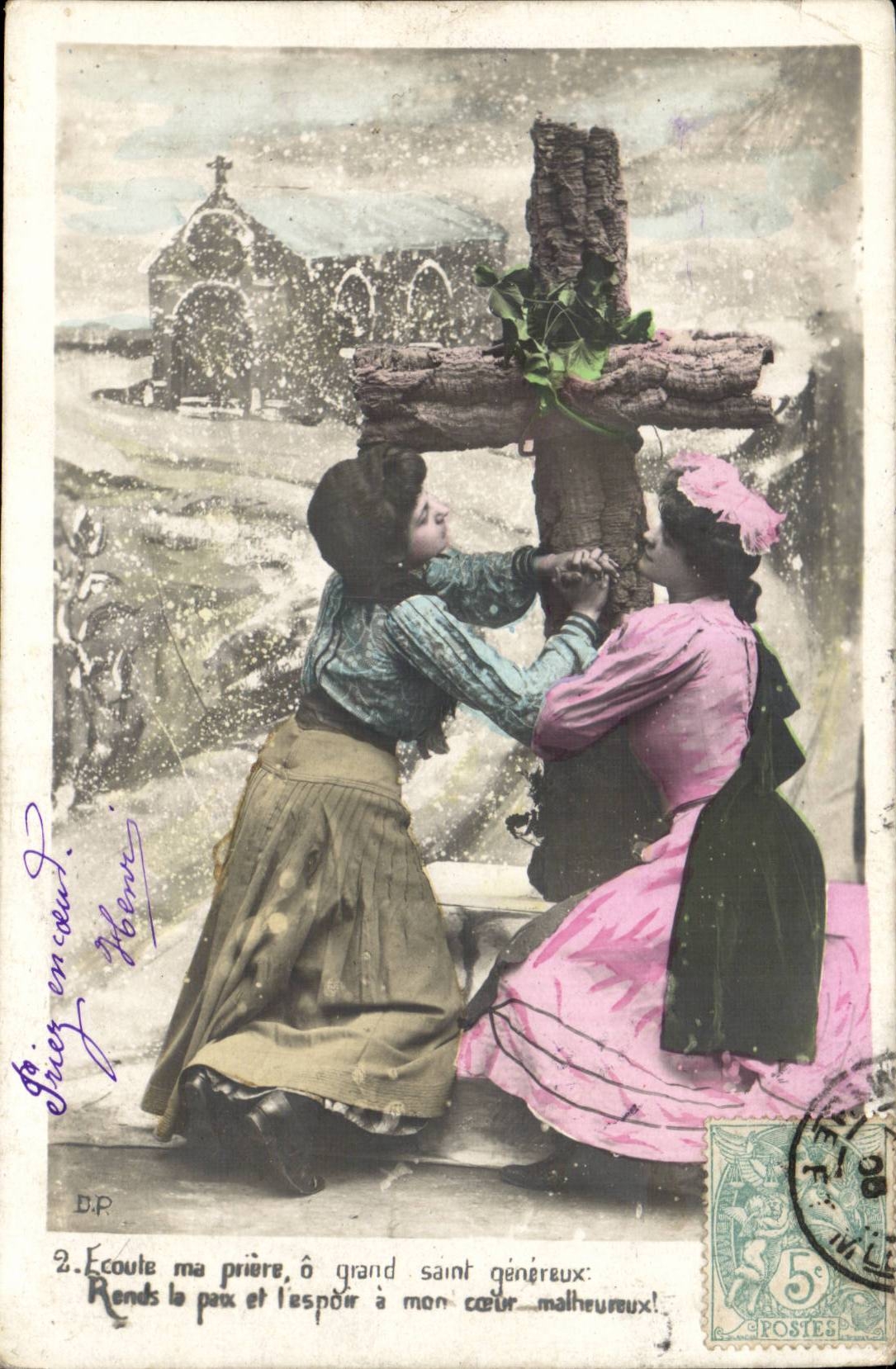 Fantaisie - Femme - Ecoute ma priere a grand saint genereux rends la paix et l'espoir a mon coeur malheureux - CPA 