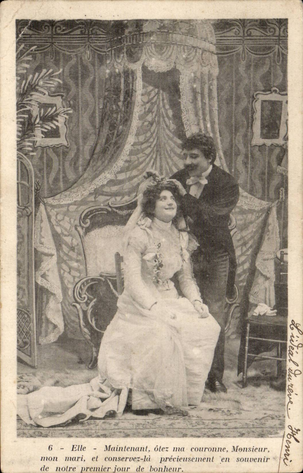 Fantaisie - Couple - Premier Jour Du Bonheur Mariage - wedding - otez ma couronne mon mari - CPA 
