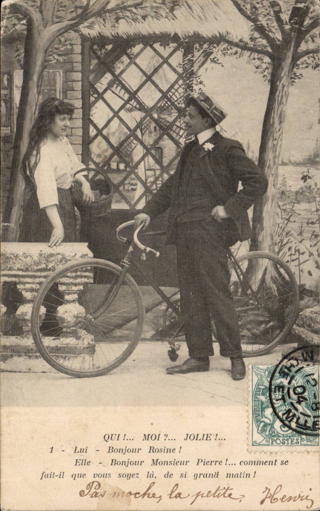 Fantaisie - Couple - velo - cycliste - Bonjour Rosine - Monsieur Pierre - CPA 