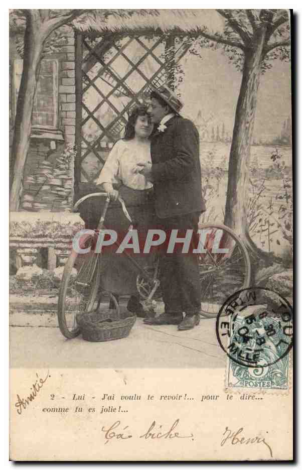 Fantaisie - Couple - velo - cycliste - J'ai voulu te revoir pour te dire comme tu es jolie - CPA 