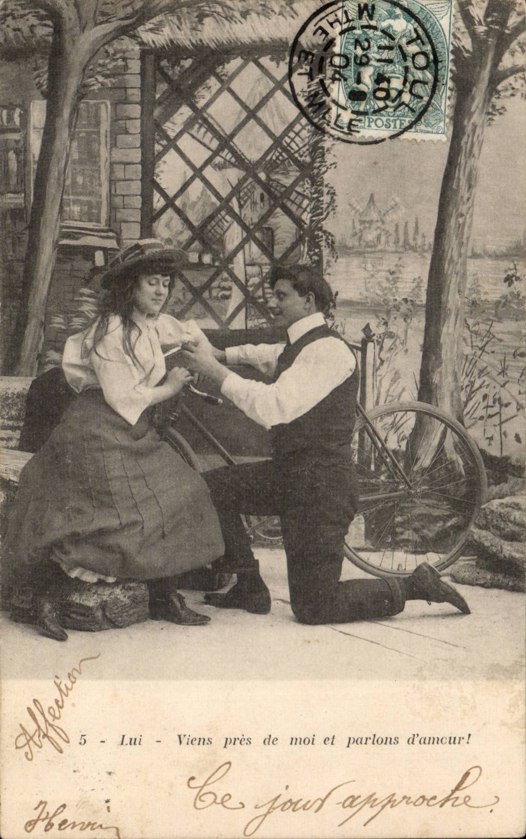 Fantaisie - Couple - velo - cycliste - J viens pres de moi et parons d'amour - CPA 