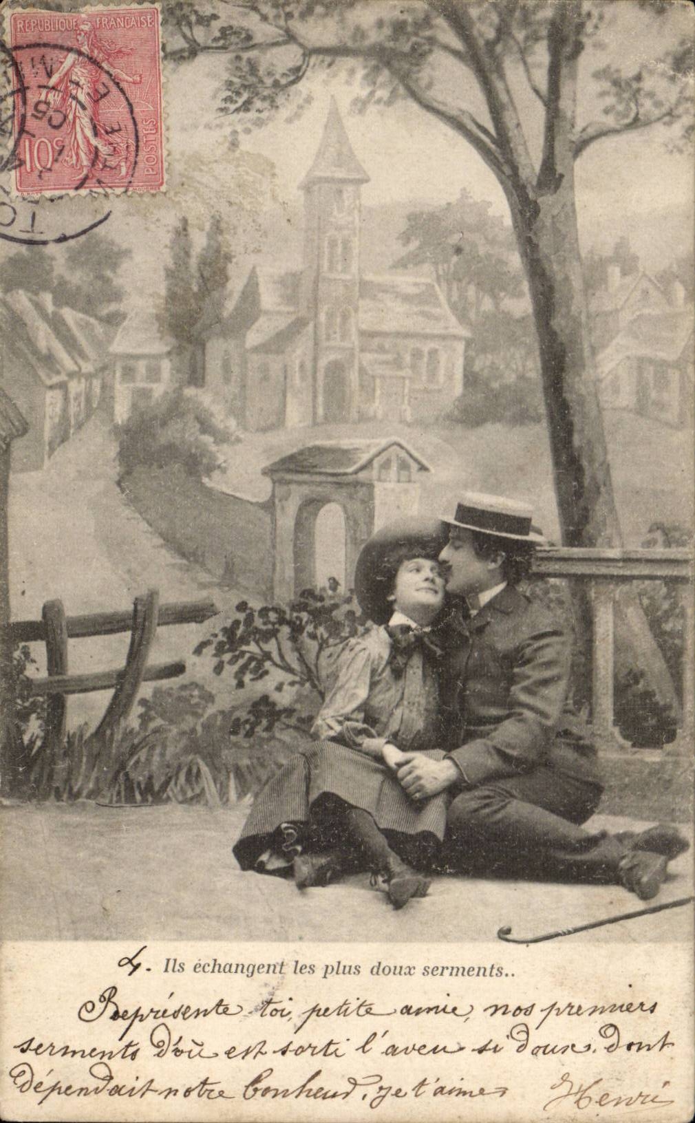 Fantaisie - Couple - Les Amoureux - Ils echangent les plus doux serment - CPA 