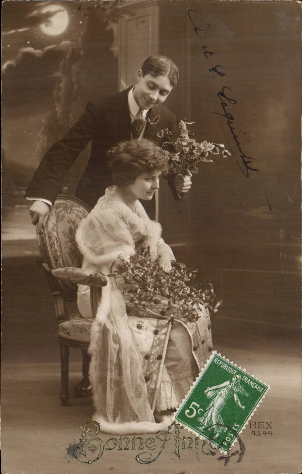 Young couple — Christmas scene — Happy New Year — publisher Bonne Année, no REX 4549