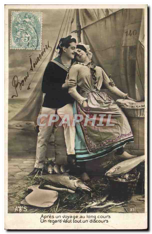 Fantaisie - Couple - Apres un voyage au long cours un regard vaut tout un discours - poisson - la peche - CPA 