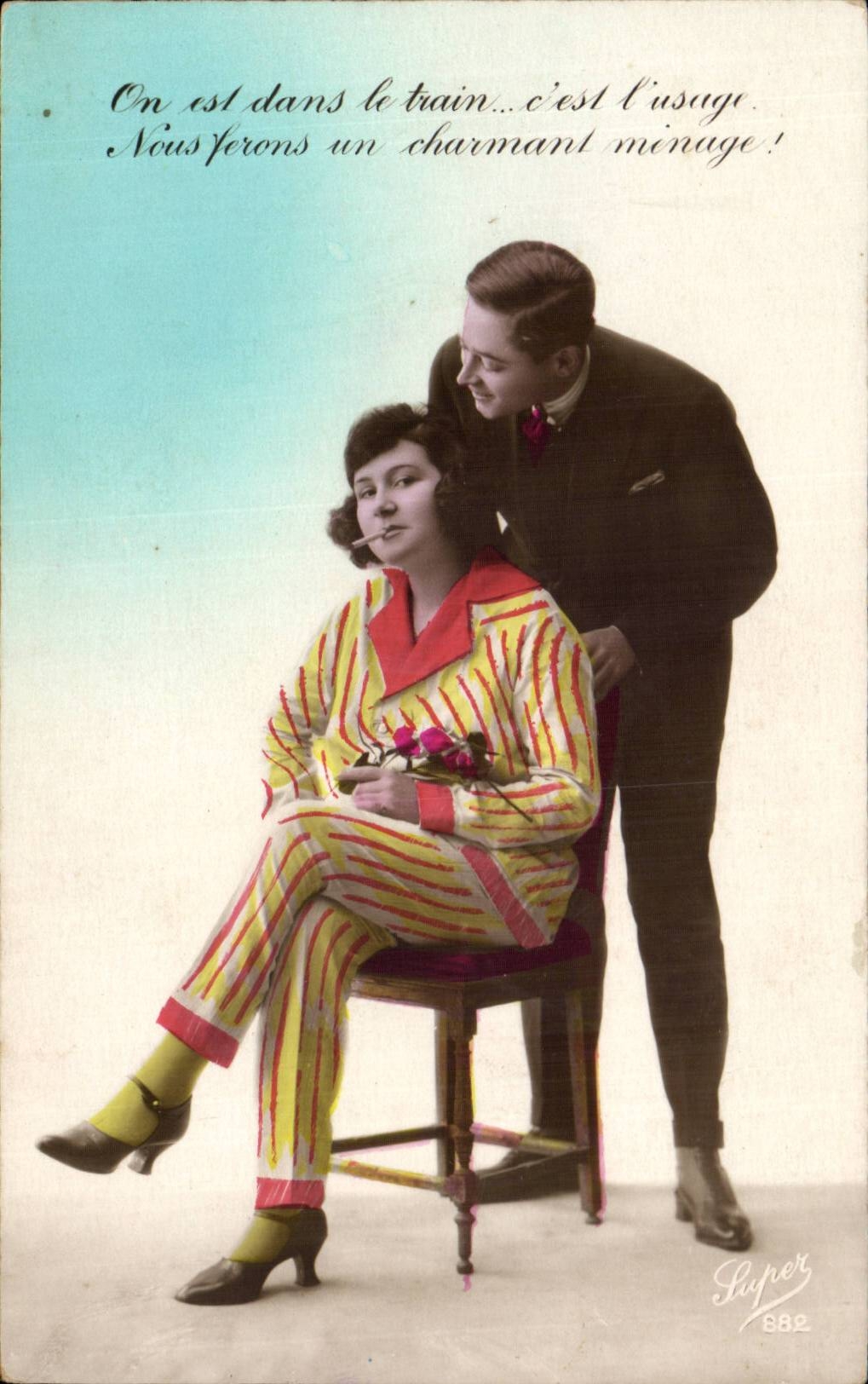 Fantaisie - Couple - On est dan le train c'est l'usage nous ferons un charmant mirage - CPA 