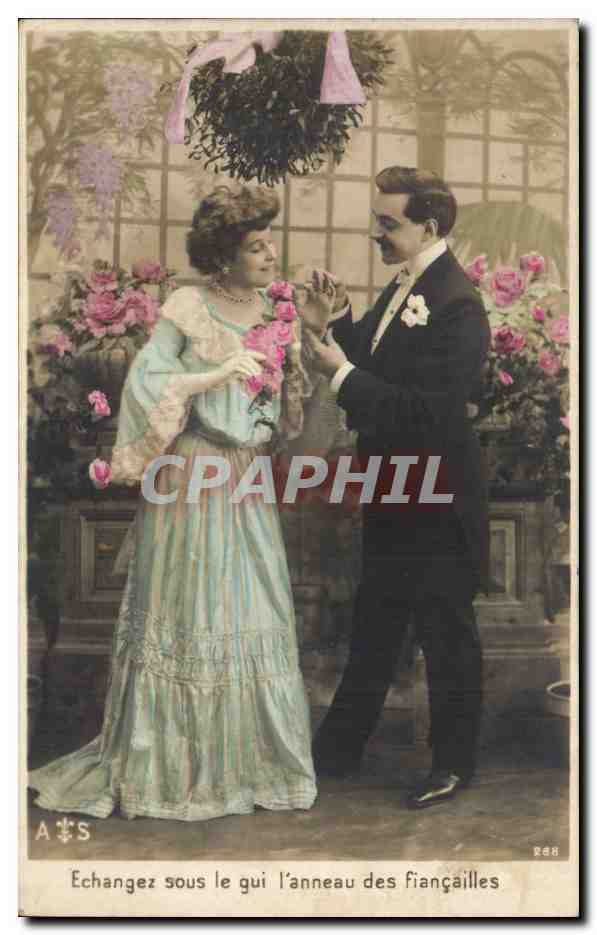 Fantaisie - Couple - Echangez sous le gui l'anneau des fiancailes - CPA 