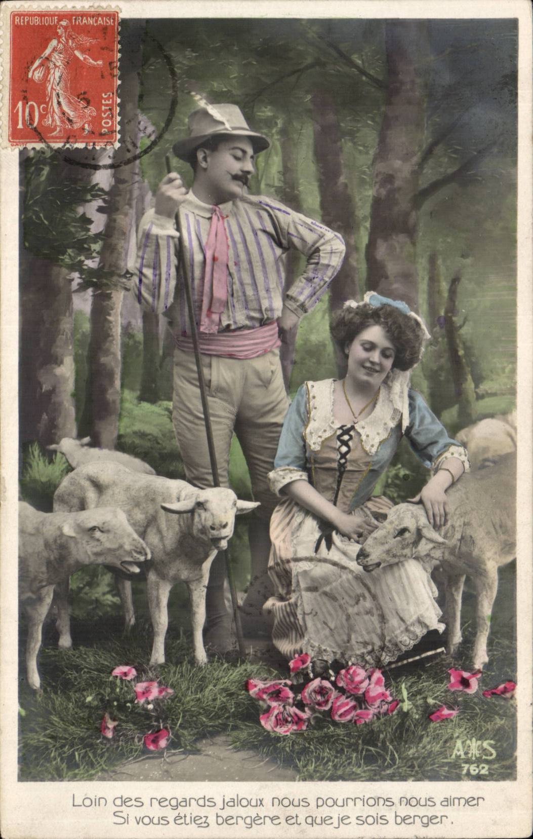 Fantaisie - Couple - Loin des regards jaloux nous pourrions nous aimer Si nous etiez bergere - CPA 