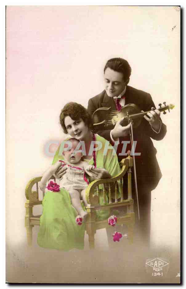 Fantaisie - Couple avec bebe - violin - musique - intrument - CPA 