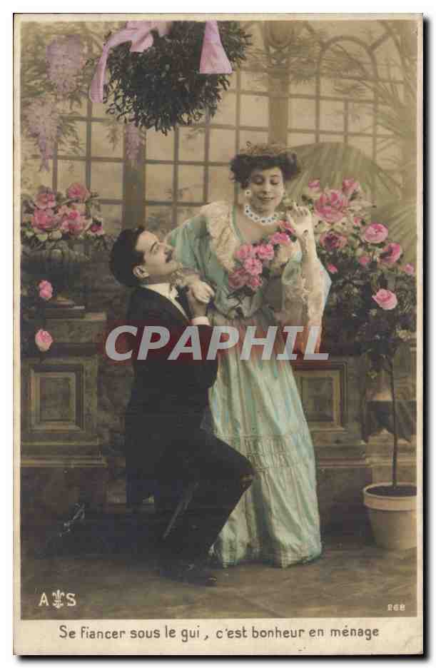 Fantaisie - Couple - Se fiancer sous le gui c'est bonheur en menage - CPA 