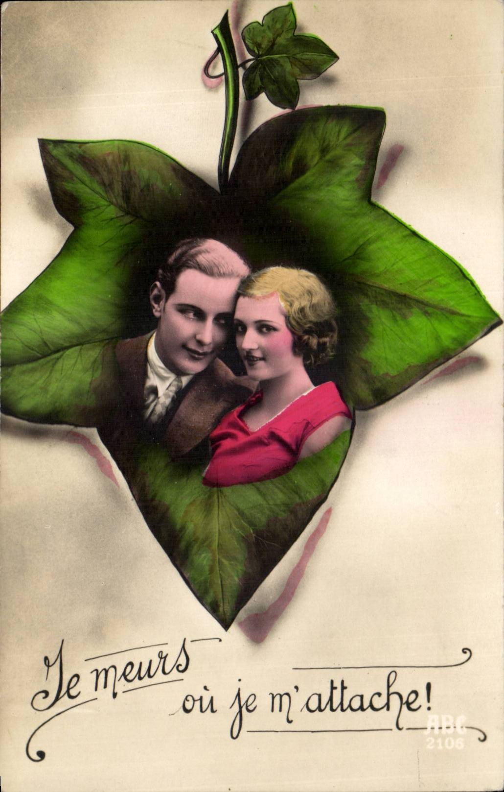 Fantaisie - Couple - Je meurs ou je m'attache - feuille - CPA 