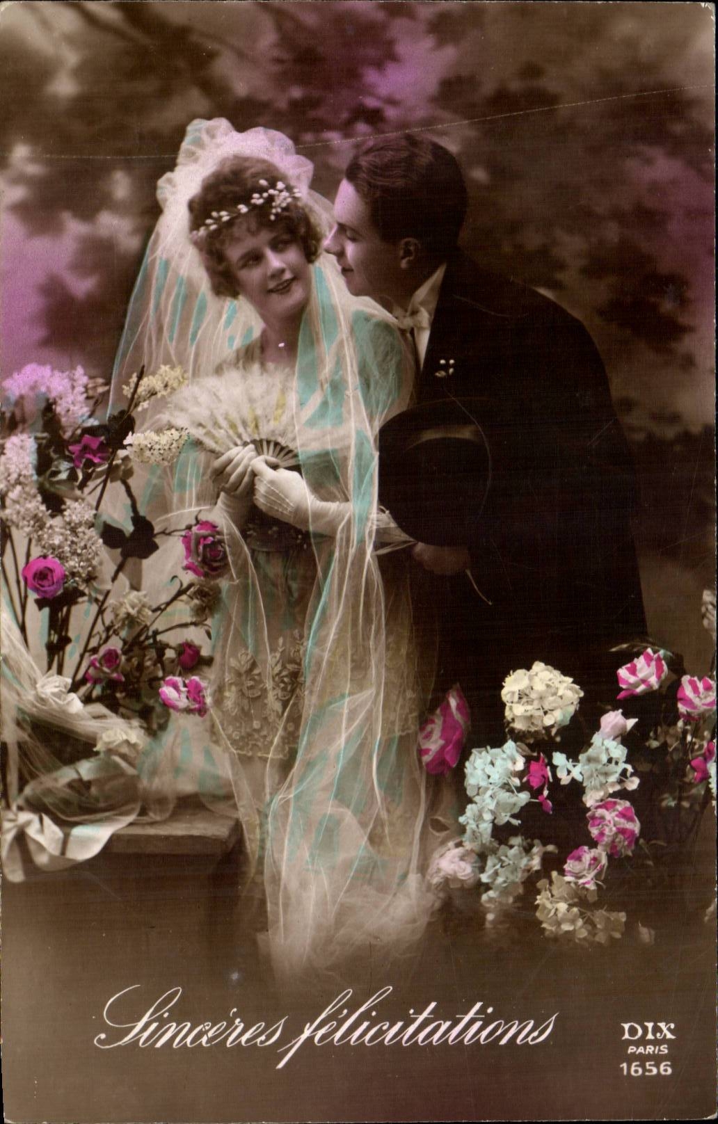 Fantaisie - Couple - Sinceres felicitations - mariage - wedding - CPA 