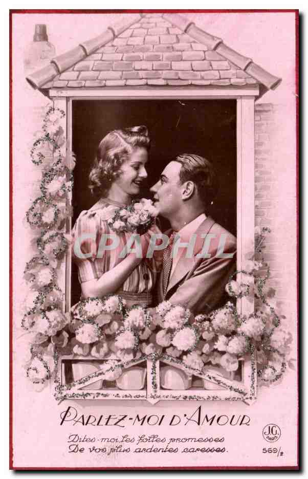Fantaisie - Couple - parlez moi d'amour - relief - glitter - CPA 
