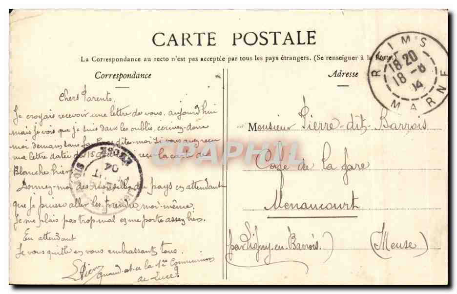 Reims - Porte Mars — vue de l'arche romaine avec char à bœufs — éditeur non identifié, n° de série non visible — Verso
