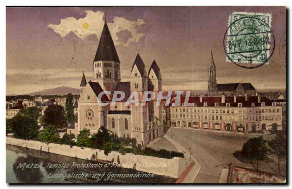 Metz CPA TEmples protestants et place de la comedie