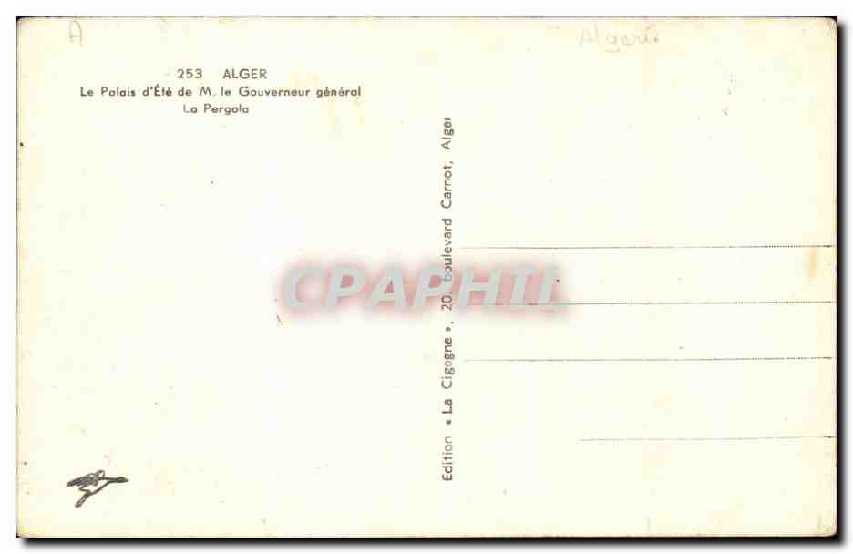 Algerie Alger CPA Palais d'ete du gouverneur generale La Pergola — Rückseite