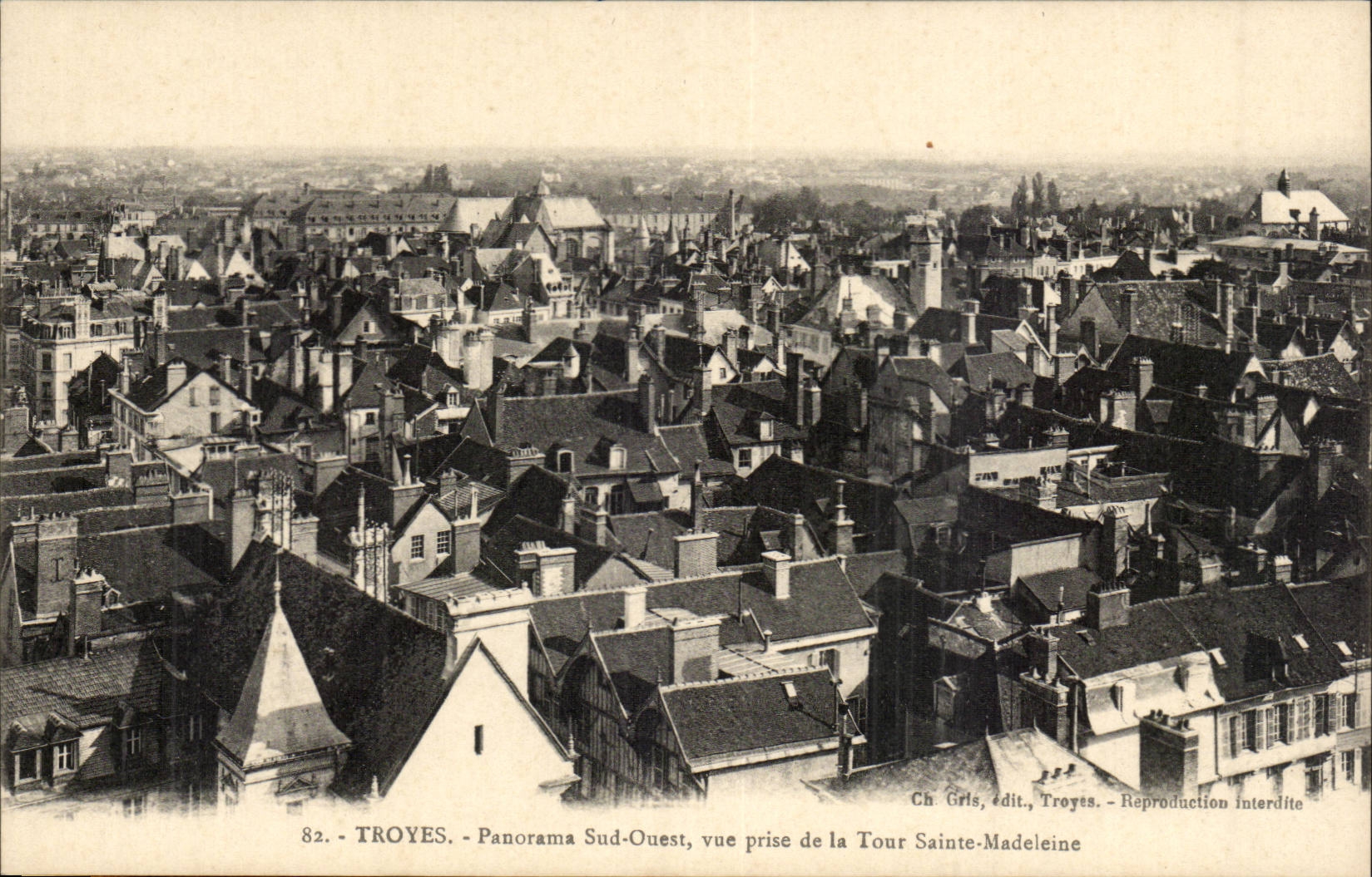 Troyes - Panorama Sud-Ouest, vue prise de la Tour Sainte-Madeleine — Ch. Gris, édit. Troyes