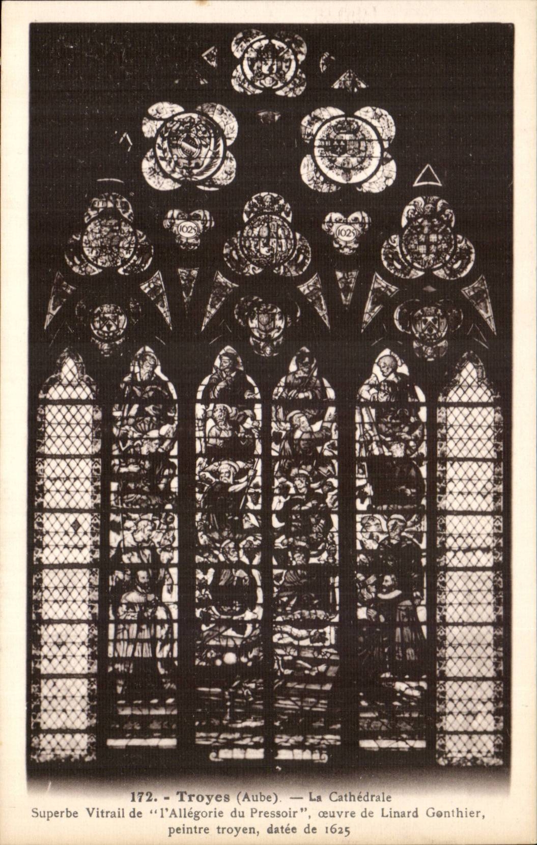 Troyes (Aube) — La Cathédrale — Vitrail de l'Allégorie du Pressoir, œuvre de Linard Gonthier, datée de 1625