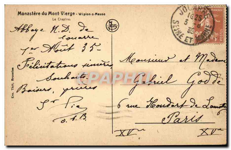 Belgie Belgique CPA Monastere du Mont Vierge Wepion s meuse le chapitre — Rückseite