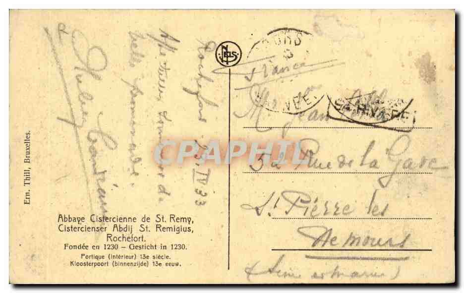 Portique (intérieur) — Abbaye Cistercienne de St. Rempy, Rochefort — Éditeur: Em. Thilli, Bruxelles — Reverso