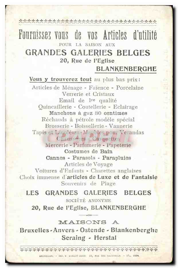 Belgie Belgique CPA Blankenberghe la rampe Malecot + publicite Grandes galeries belges 20 rue de l'eglise — Rückseite