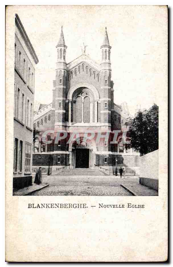 Belgie Belgique CPA Blankenberghe Nouvelle eglise + publicite Grandes galeries belges 20 rue de l'eglise