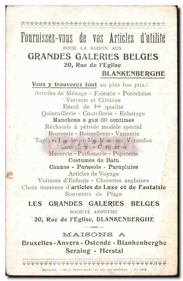 Belgie Belgique CPA Blankenberghe Nouvelle eglise + publicite Grandes galeries belges 20 rue de l'eglise — Rückseite