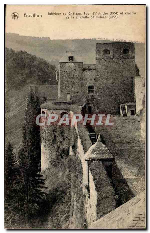 Bouillon — Intérieur du Château. Tour d'Autriche (1551) et clocher de la chapelle Saint-Jean (1053). — Éditeur Neis, Bruxelles